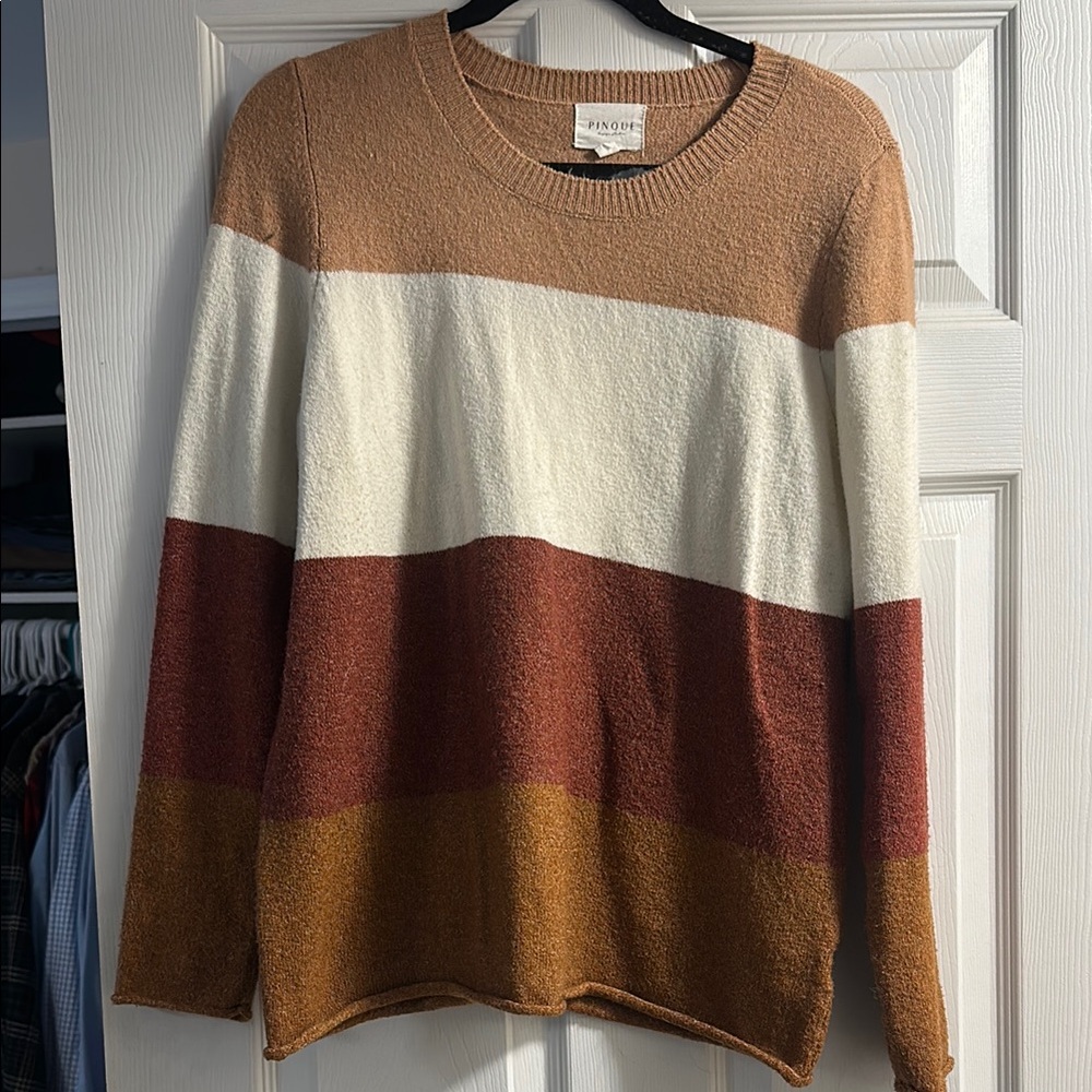 Brown and Cream Crew Neck Sweater with Color Block Design